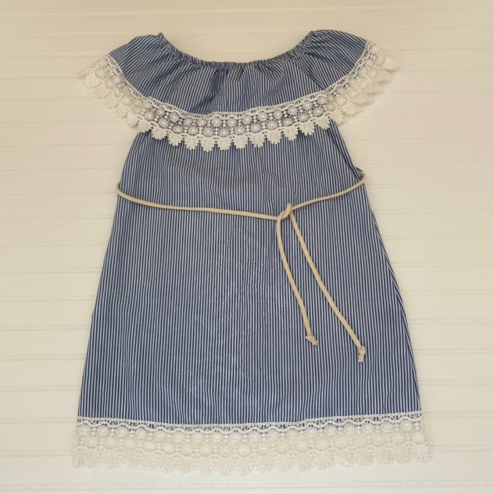 New Look Blue & White Seersucker Midi Dress w/ Rope Belt Womens Medium